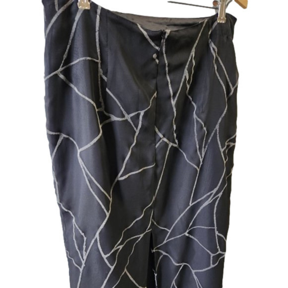 P247. VINTAGE Stielmann Black Chiffon w/Silver pattern Maxi skirt  |L